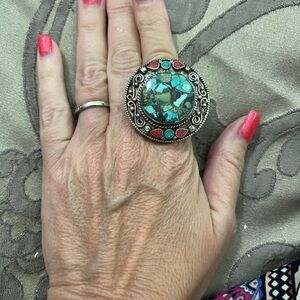 Tibetan Turquoise and coral Silver Statement Ring